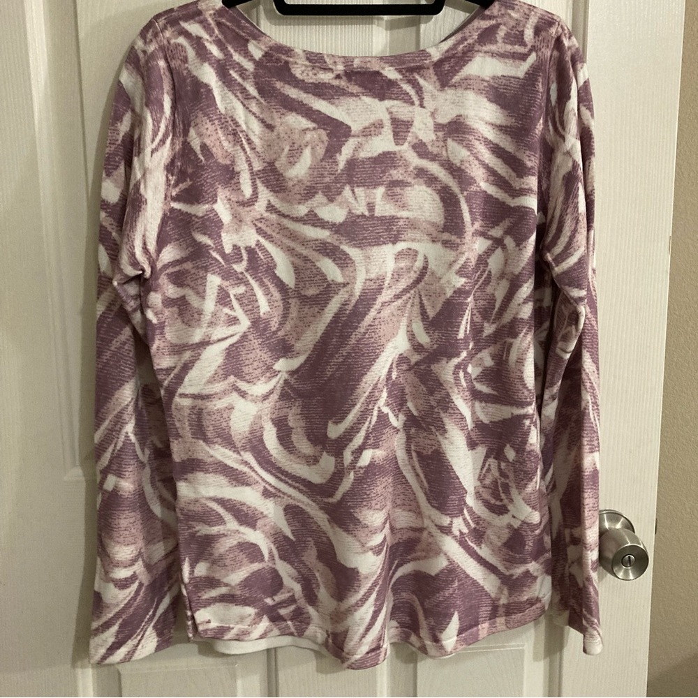 Chico’s blouse size 1 = size medium cream with light purple 67% rayon 33% nylon